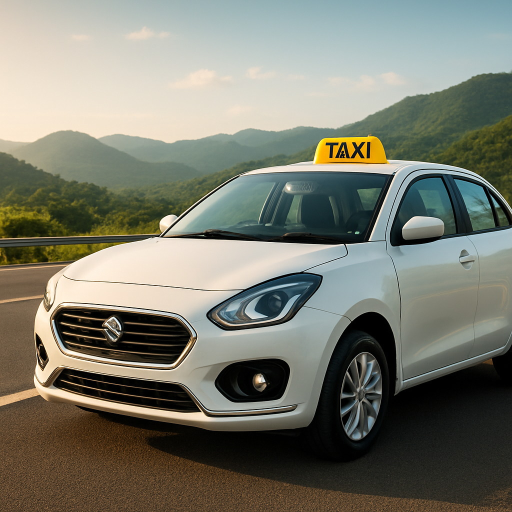 White Maruti Suzuki Dzire taxi with a yellow taxi sign on an Indian highway